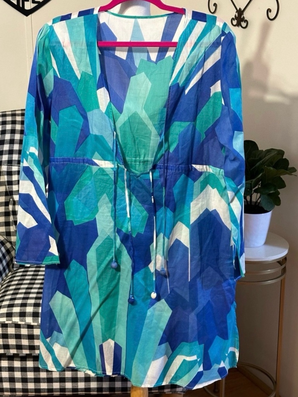 Blue & Teal Geometric V-Neck Swim Coverup Tunic